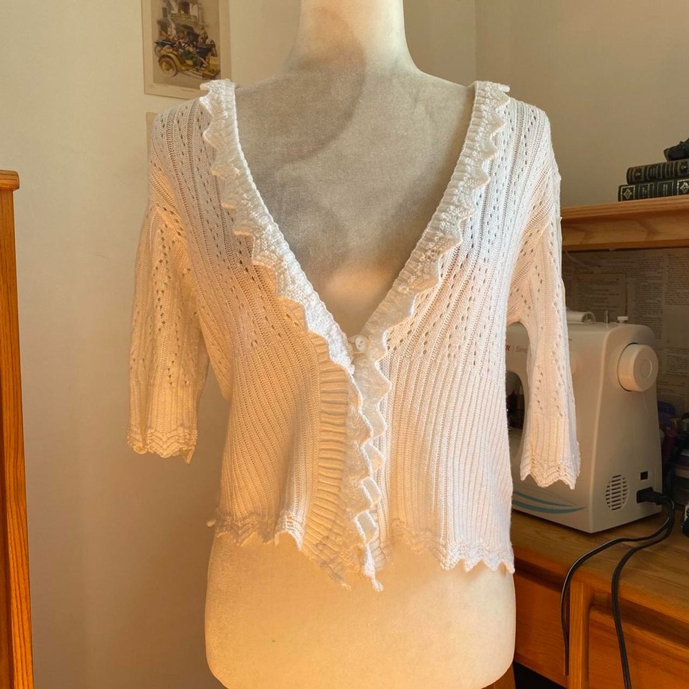 White Ruffled Knit 3/4 Sleeve Cropped Mini Cardigan